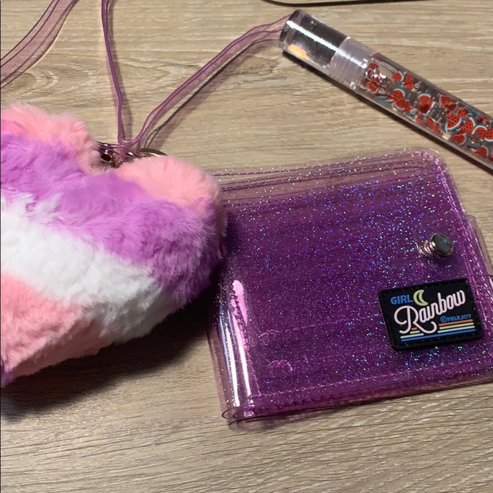 Purple Glitter Wallet, Gloss, Pom Keychain Bundle